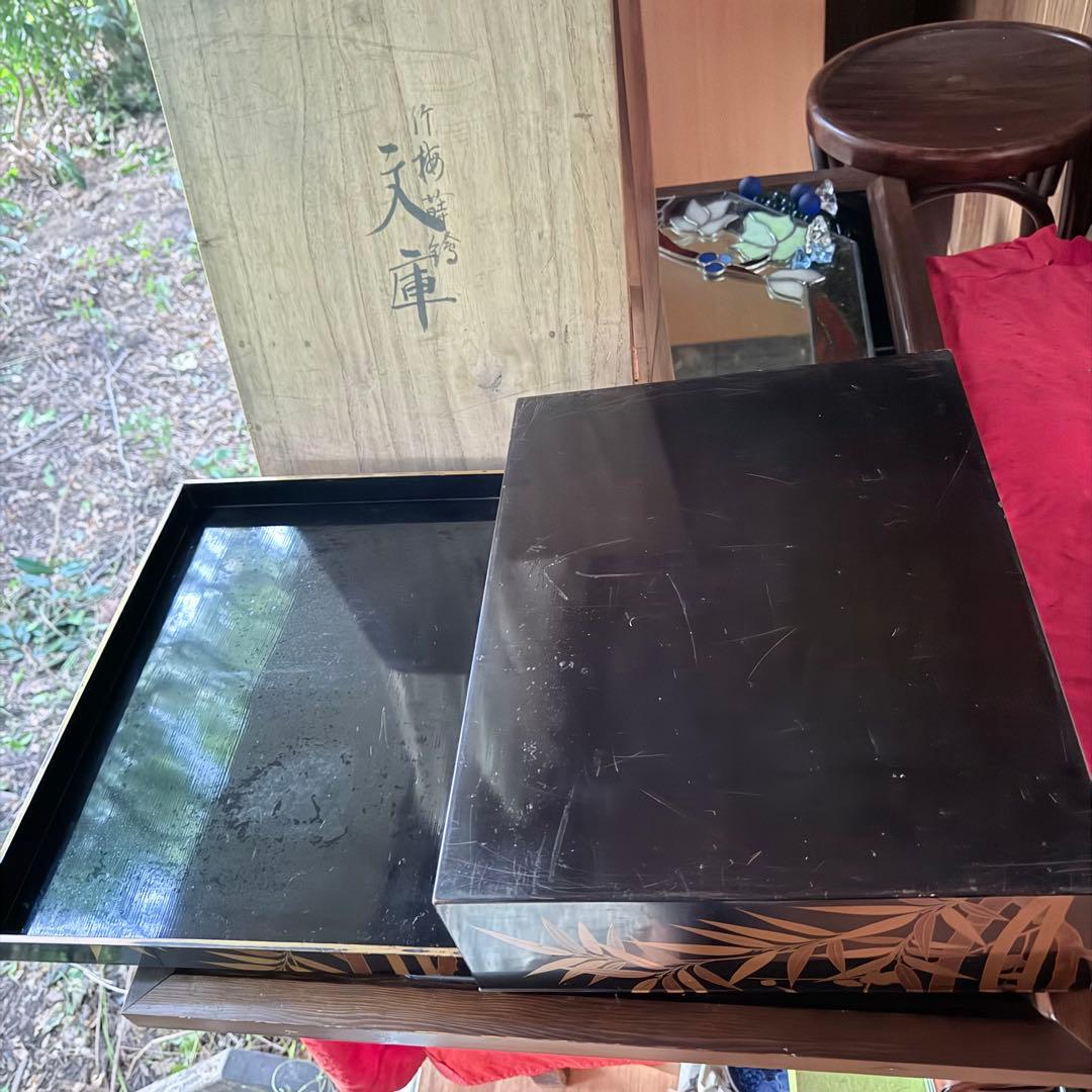 新春特別価格 ‼️JAPAN蒔絵天然木本漆 竹梅蒔絵　文箱料紙箱桐箱黄布付1客