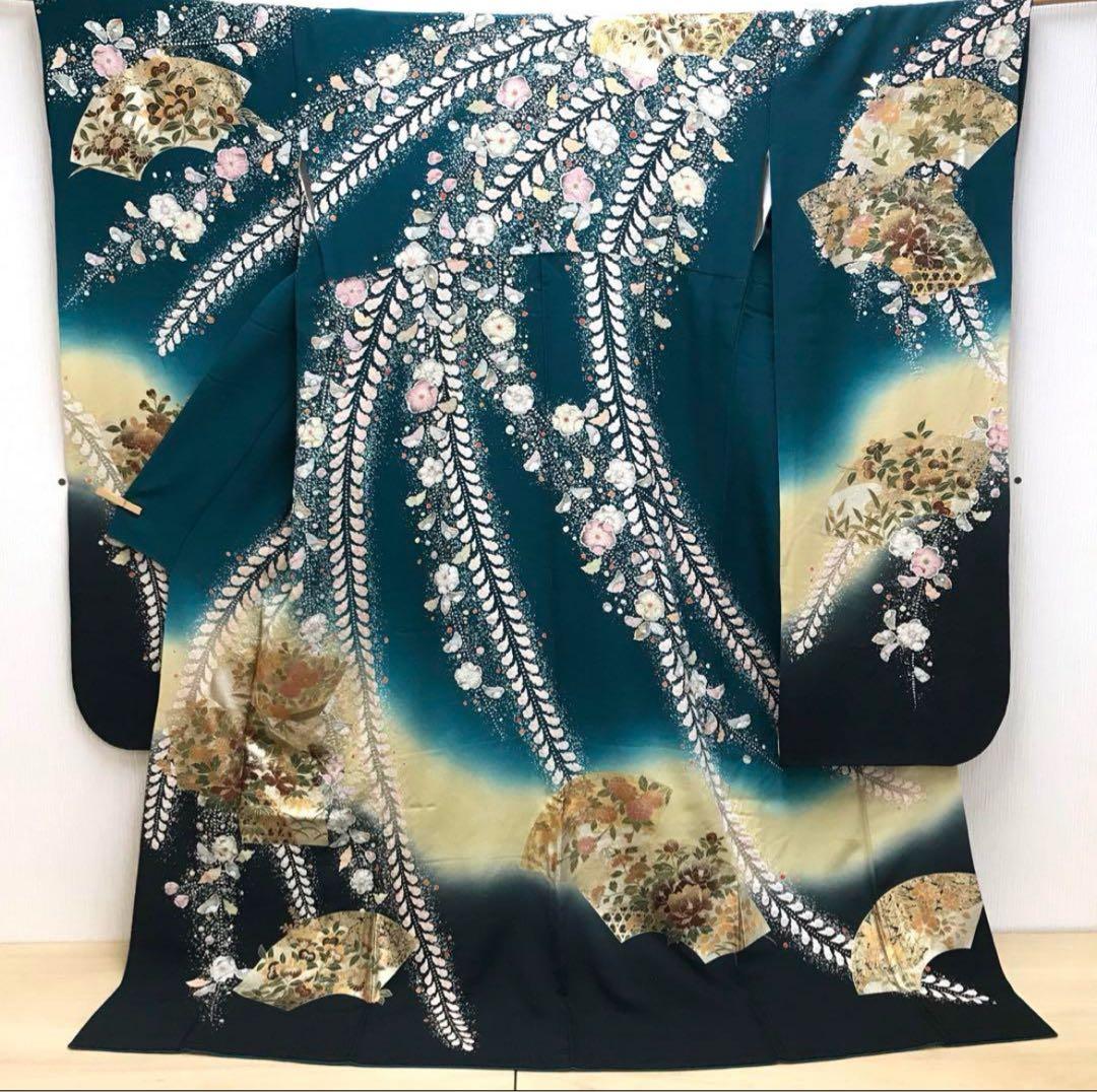 振袖　翠山工房　青緑　絞りに金彩　華やか　裄70