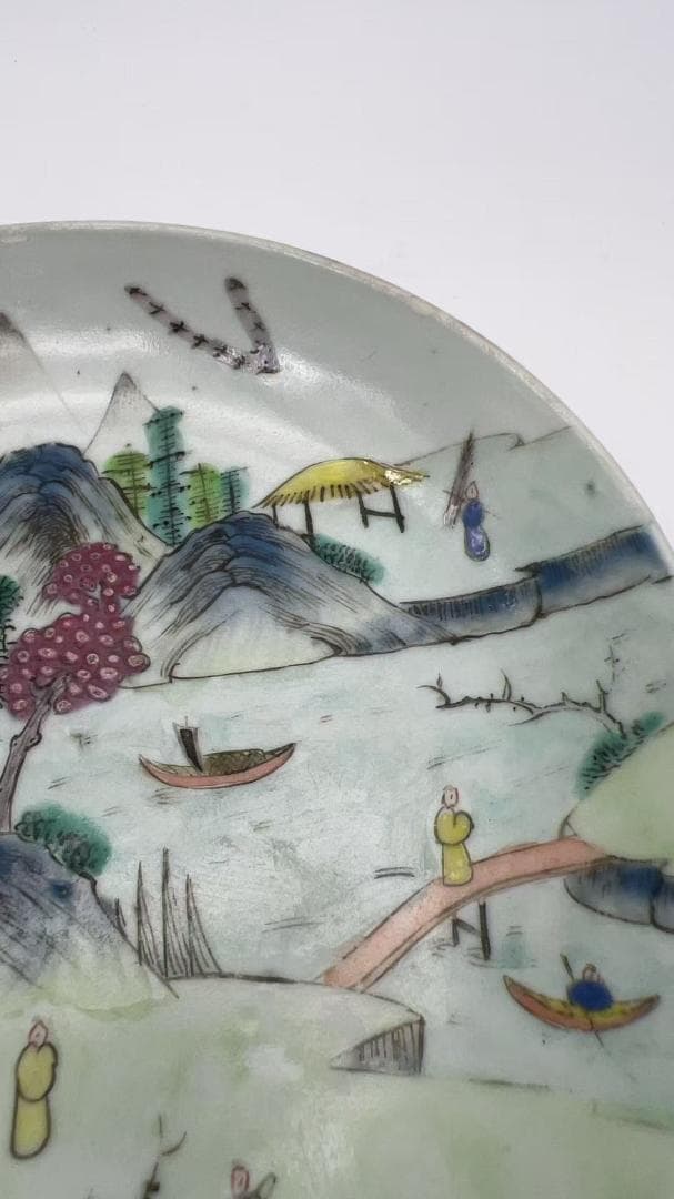 清道光時代 【道光年製】在銘 粉彩山水盤 豫章十景 章江曉渡図　(Y-7)