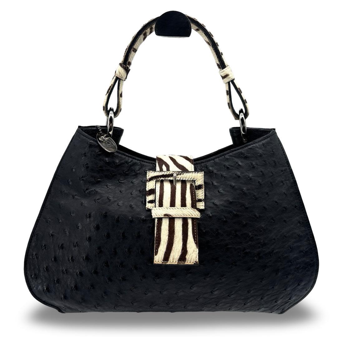 【極美品】JRA認定　ハラコ　オーストリッチ　ハンドバッグ　レザー　革　黒