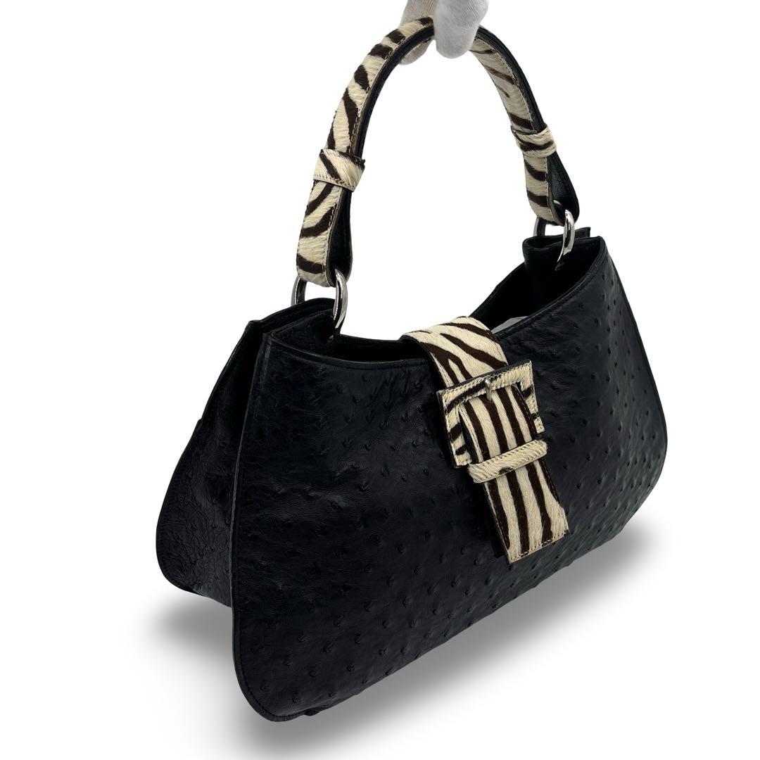 【極美品】JRA認定　ハラコ　オーストリッチ　ハンドバッグ　レザー　革　黒