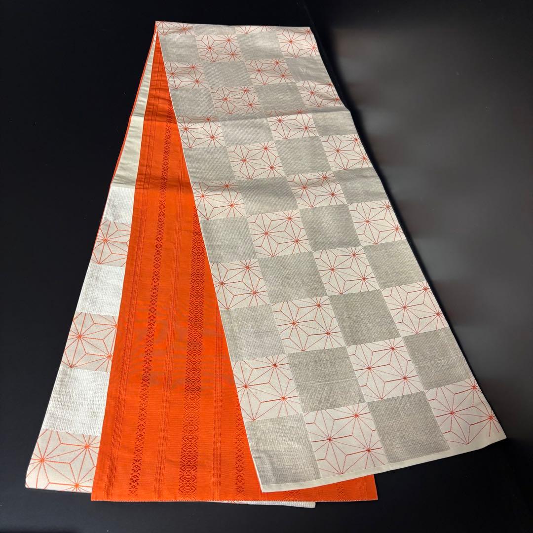 ZY-784 京袋帯 リバーシブル 麻の葉 市松文様 銀糸 献上柄 珍品 高級