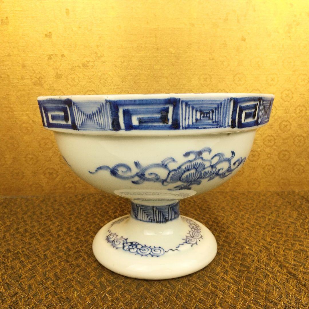 【お値下げしました！】古伊万里　染付　線描　青海波　花蝶文　八角盃洗