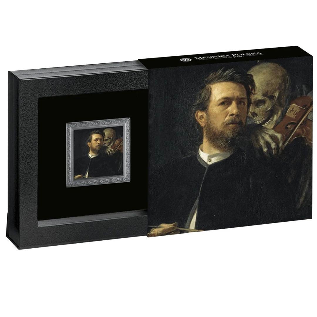 銀貨 四角型 ヴァイオリンを弾く死神のいる自画像 ブラックプルーフ 1オンス