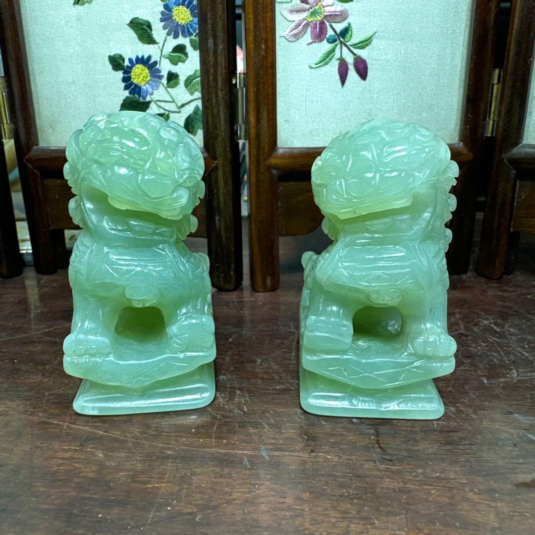 彫刻，置物，玉石，翡翠，獅子像 2体セット