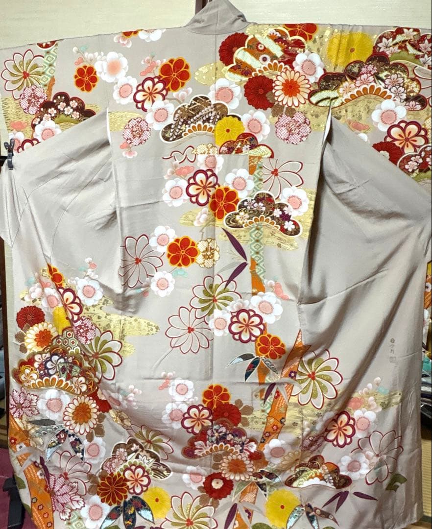白茶色 吉祥 花々柄 振袖 身丈164