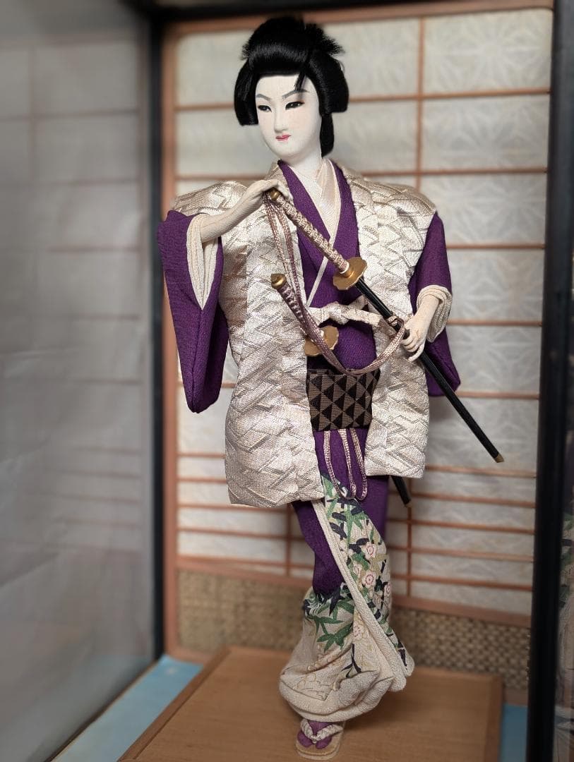和人形 2体セット｜衣装着 日本舞踊・武家姿｜ガラスケース入り 昭和レトロ