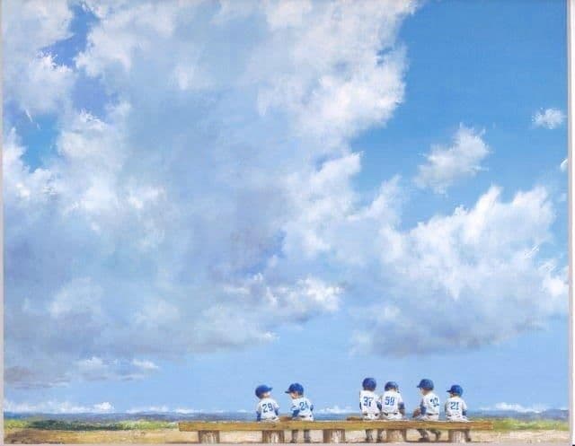 櫻井幸雄　額縁付き複製画　少年野球「出番のないベンチ (雲の下の六人)」