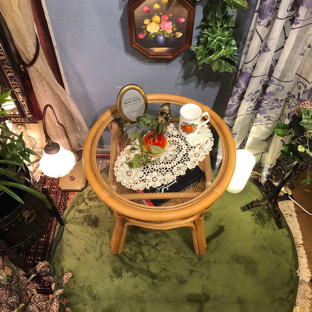 ナチュラル　籐ラタンフレーム サイドテーブル 丸テーブル