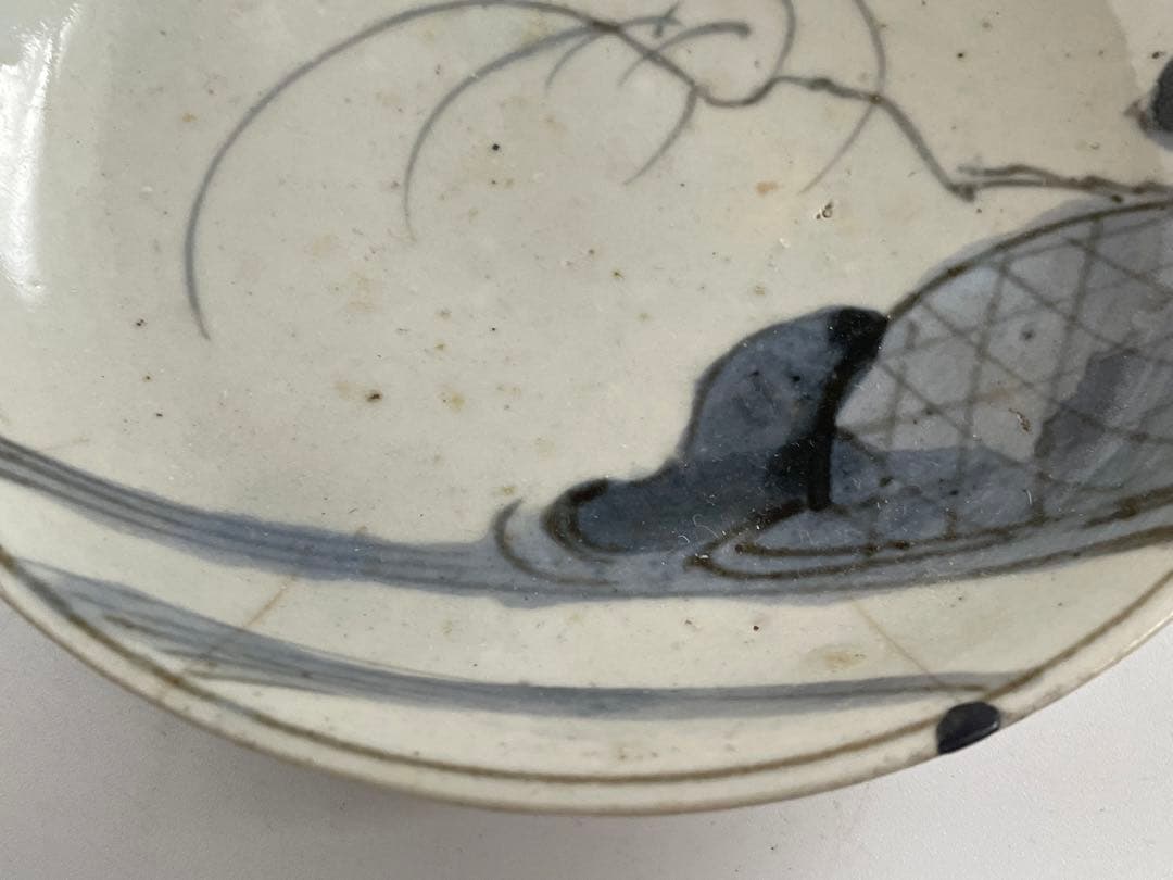 骨董　アンティーク　初期伊万里　蛇籠文様　丸皿　平皿　初期　染付　箱付き