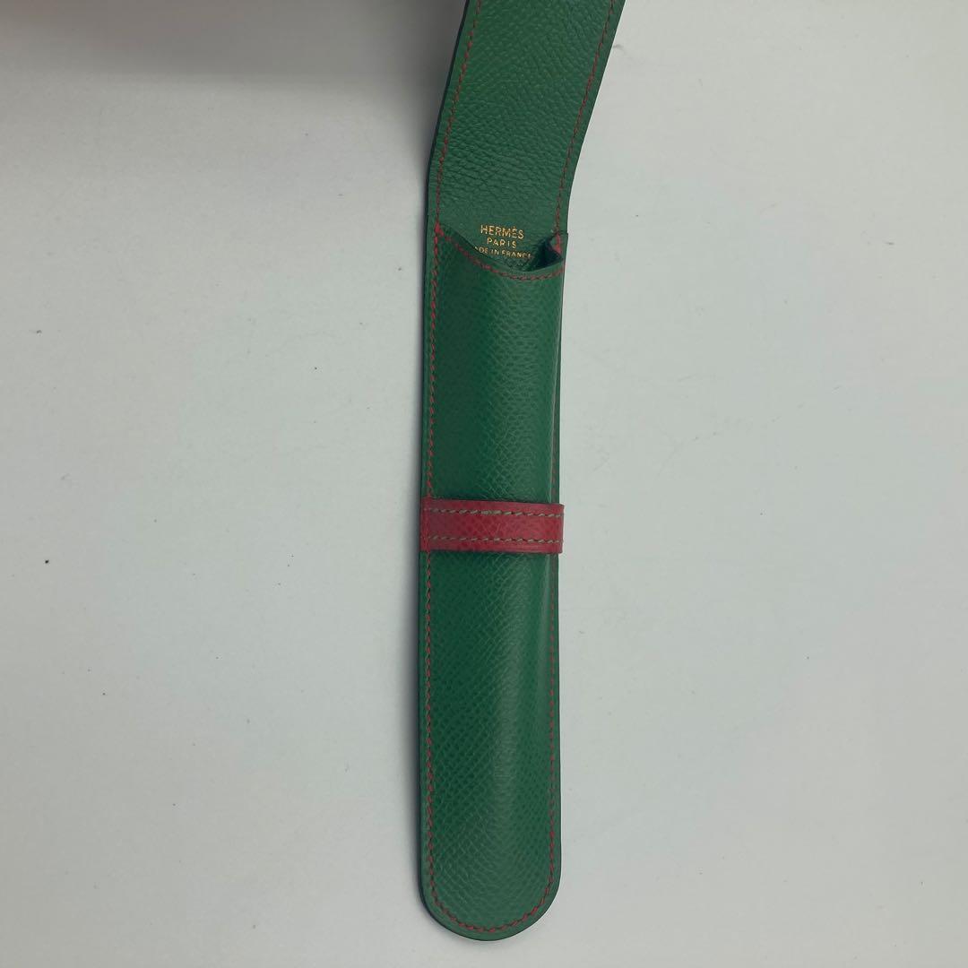 【5458】エルメス　ペンケース　グリーン×レッド
