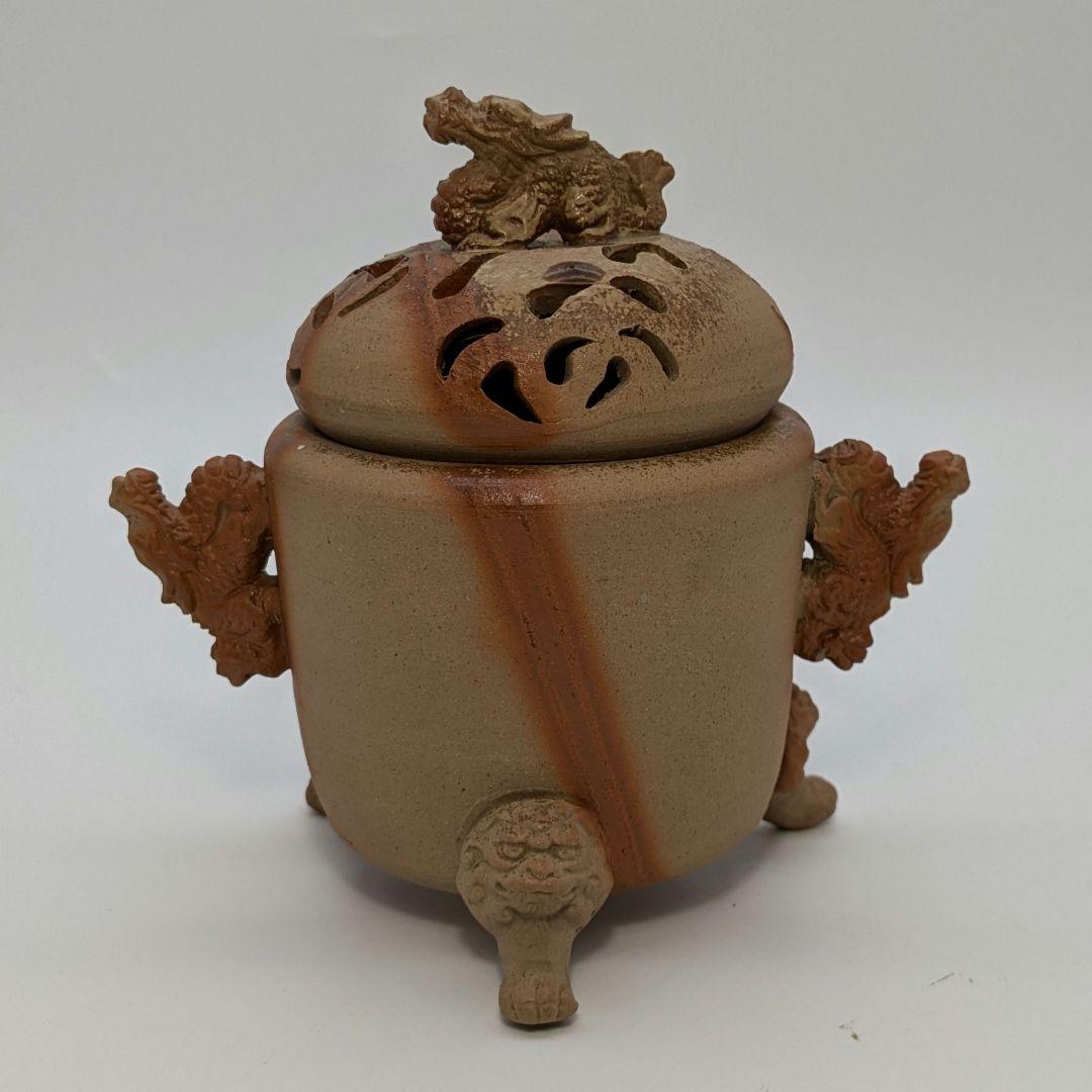清麻呂窯 備前焼 龍摘緋襷双耳三足香炉 竜 獅子 香道具 茶道具 置物 在銘
