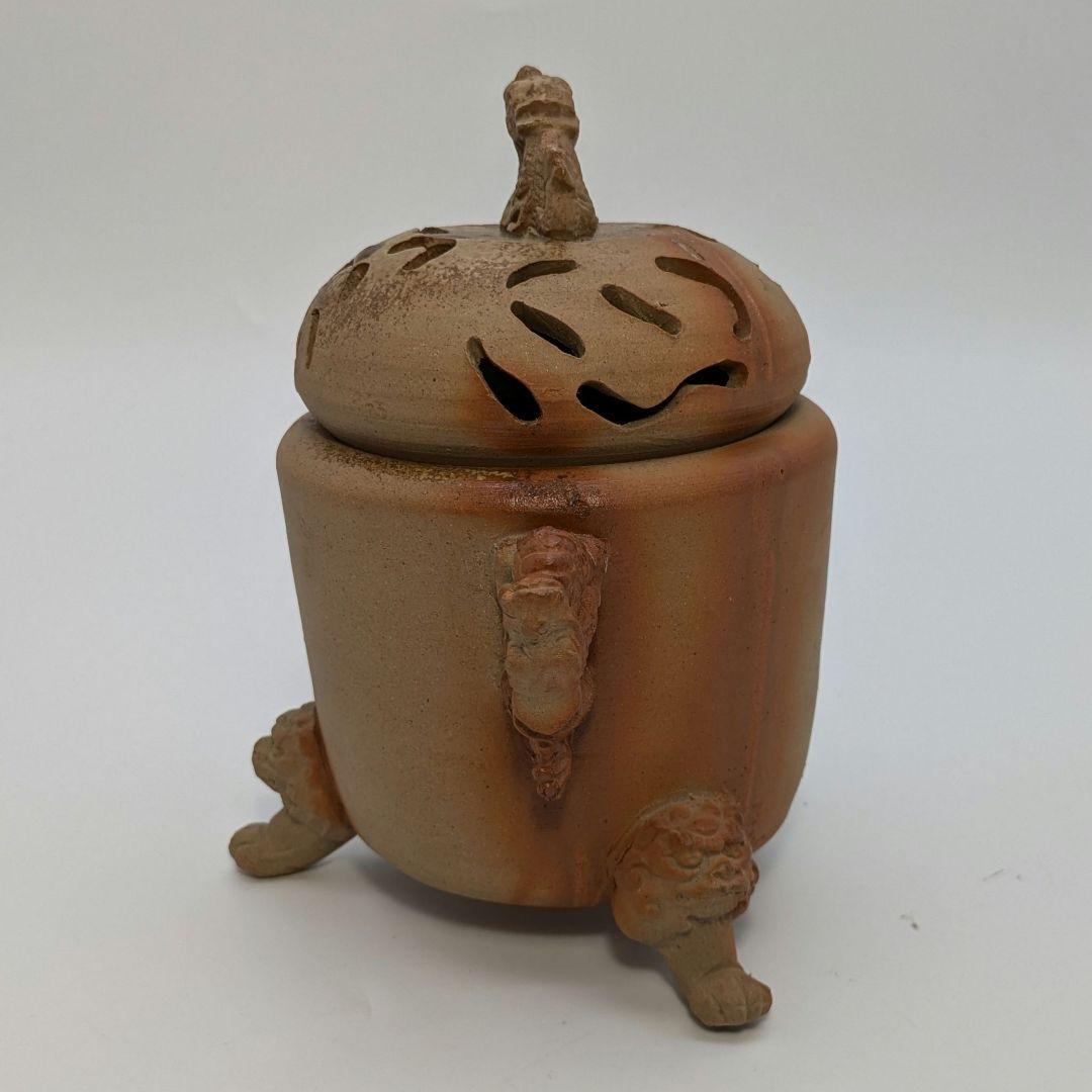 清麻呂窯 備前焼 龍摘緋襷双耳三足香炉 竜 獅子 香道具 茶道具 置物 在銘