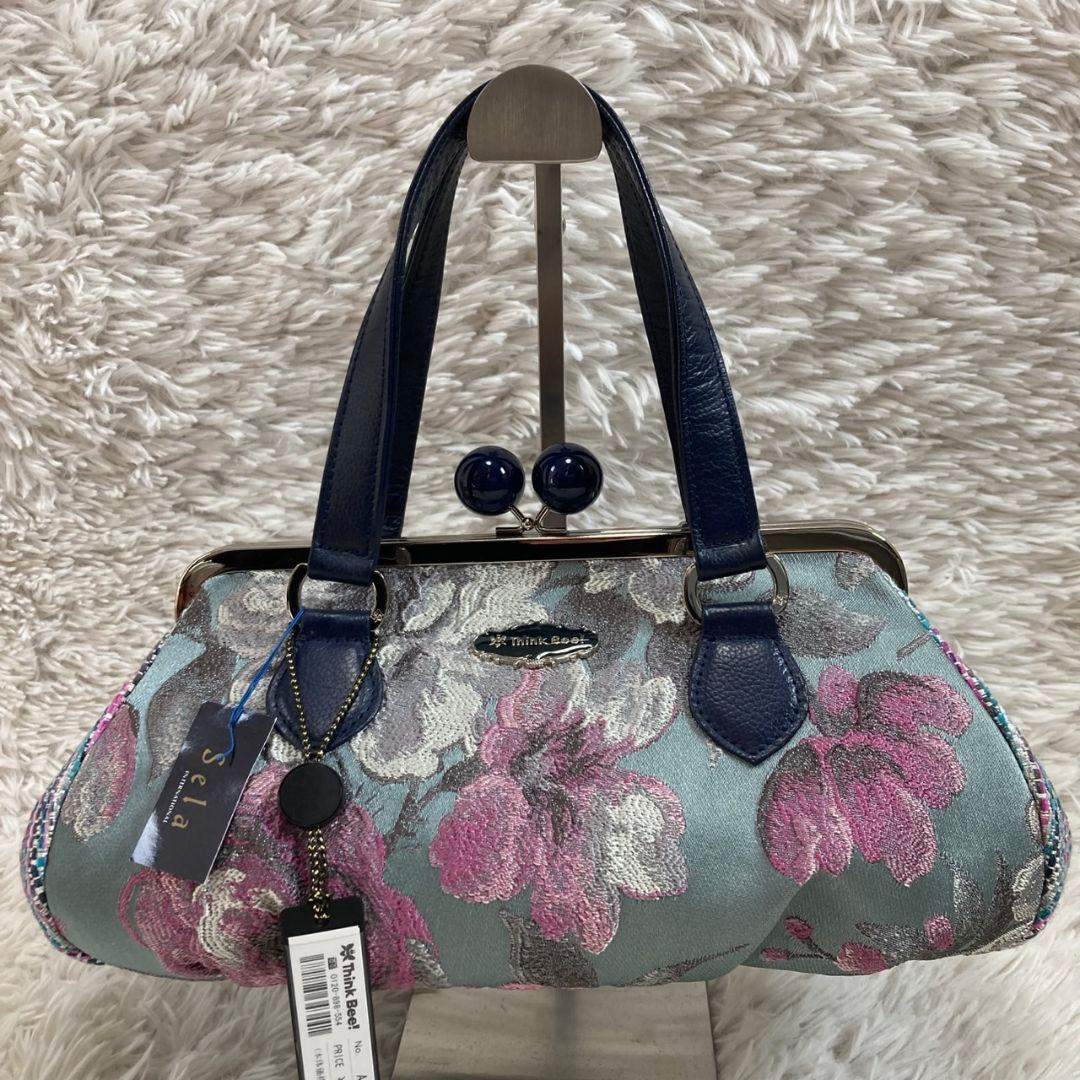 未使用タグ付 ThinkBee！ゴブラン織 ノクターンローズ がま口ハンドバッグ