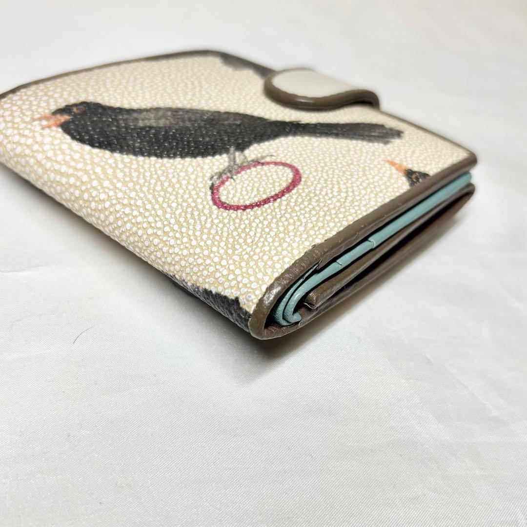 【美品】　ヒロコハヤシ　メルロ　薄型二つ折り財布　鳥　バード　ベージュ　人気