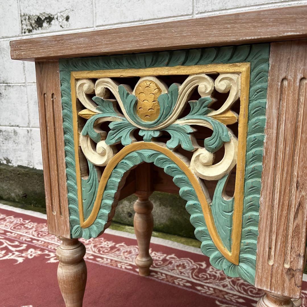 木製無垢材 チーク材◾️彫刻デザイン サイドテーブル 飾り台 ディスプレイ台 花台