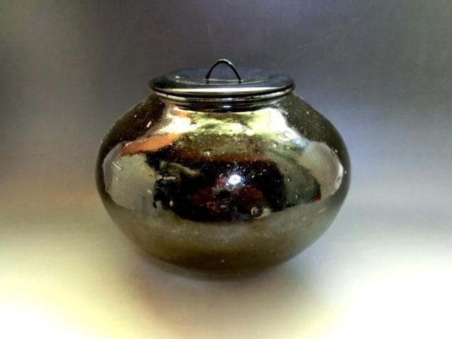 水指■黒釉時代物水指 李朝 お茶道具 種壷 漆器の蓋 塗蓋 アンティーク時代物■