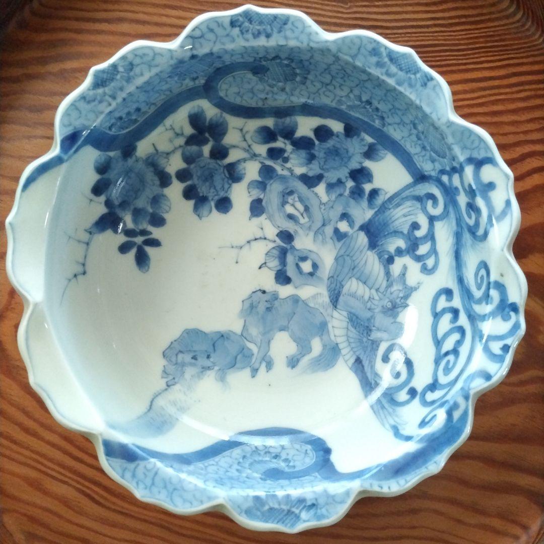 図変わり 洋犬 鉢 鳳凰 江戸期 染付 古伊万里 上手 アンティーク 茶船 茶盤