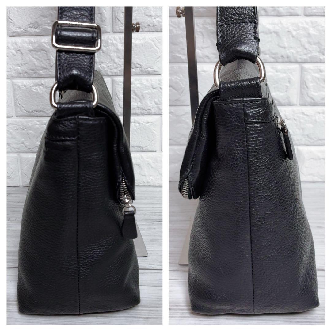 【ステファノマーノ】 ショルダーバッグ レザー 黒 イタリア 肩がけ シボ革