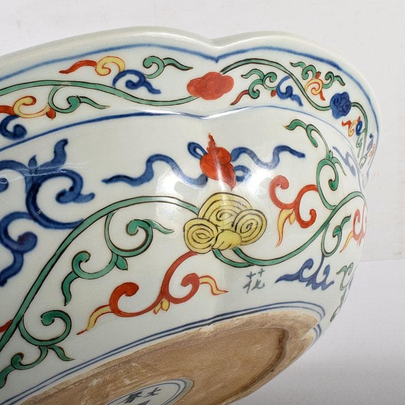 中国　大明萬暦年製　五彩龍鳳凰文　輪花鉢　大皿　直径約40㎝　V　R7860C