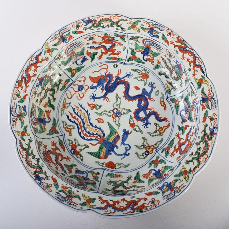 中国　大明萬暦年製　五彩龍鳳凰文　輪花鉢　大皿　直径約40㎝　V　R7860C