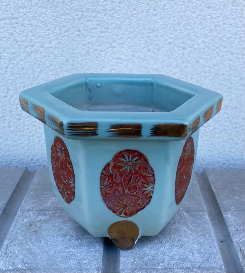 尾張焼 瀬戸焼 青磁 金彩 六角 盆栽鉢 盆栽 植木鉢