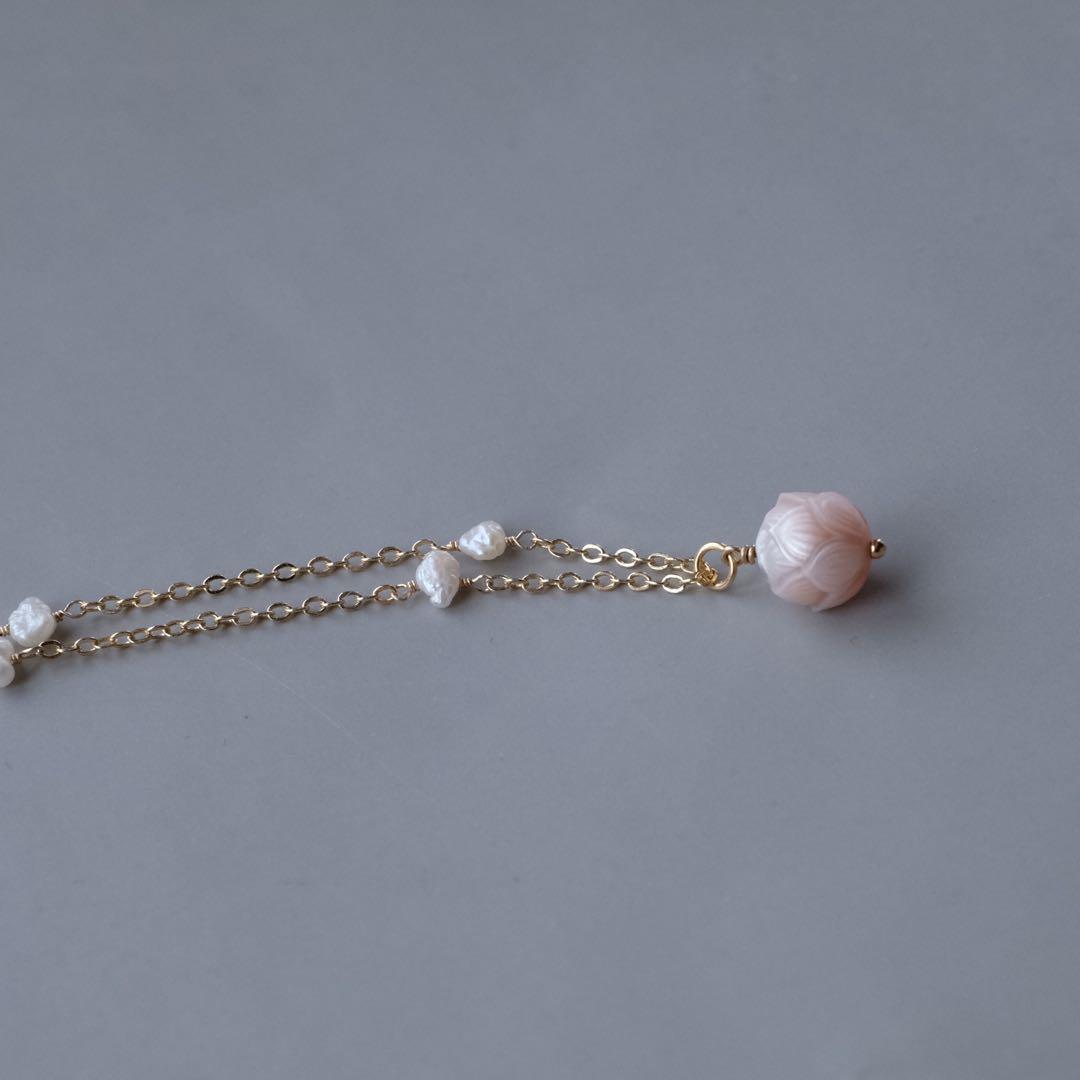 14kgf白蝶真珠蓮カービングネックレス