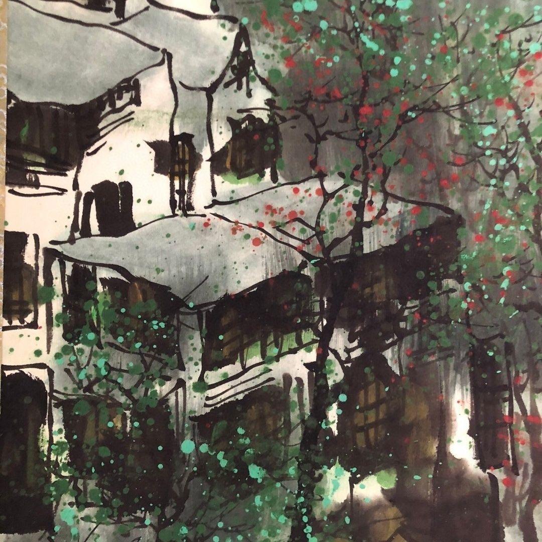 中国画 吴冠中《四季如春》水郷風景 四条屏 掛け軸／床の間・和室・茶室・店舗装飾