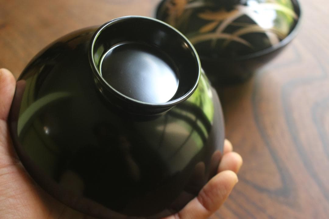 デッドストック！端正な黒漆に極上蘭蒔絵の美しいお椀2点（検輪島塗蒔絵椀雑煮椀