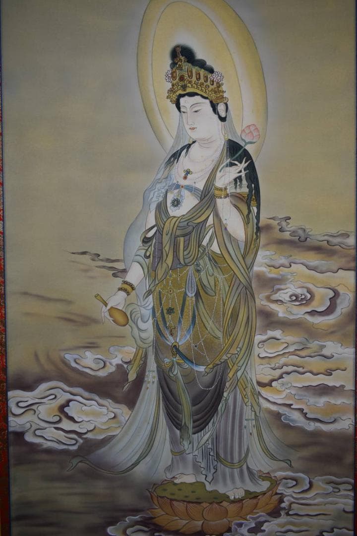 真作/翠峰/観音像図/桐共箱二重箱付/布袋屋掛軸HJ-217