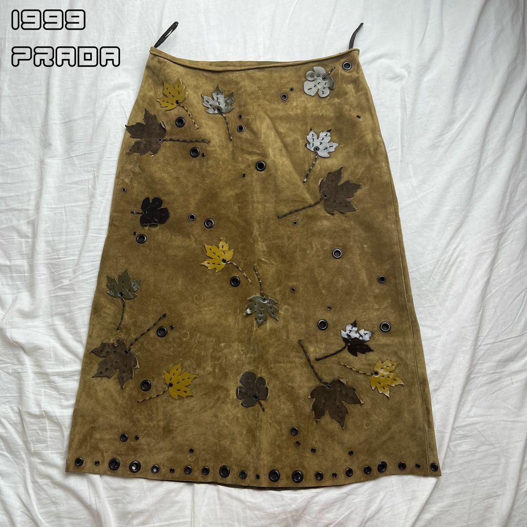 FW 99 Prada Suede Leaf Appliqué Skirt
