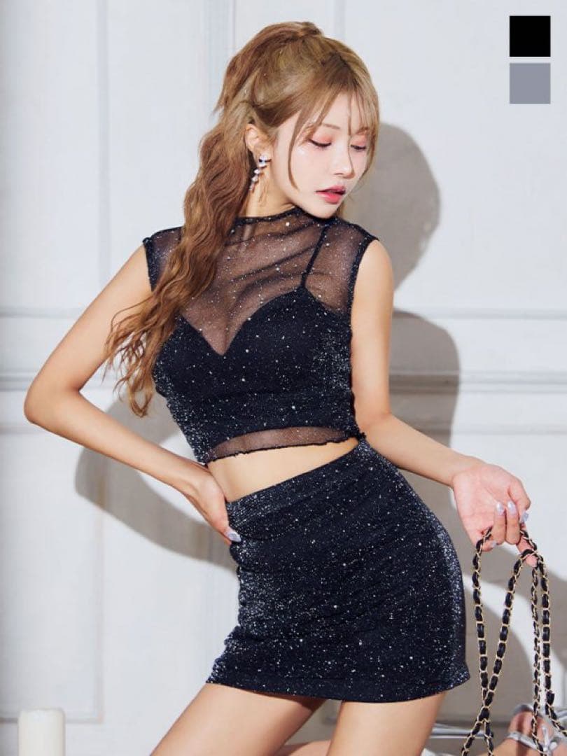 シアーラメビジューセットアップミニドレス/キャバドレス