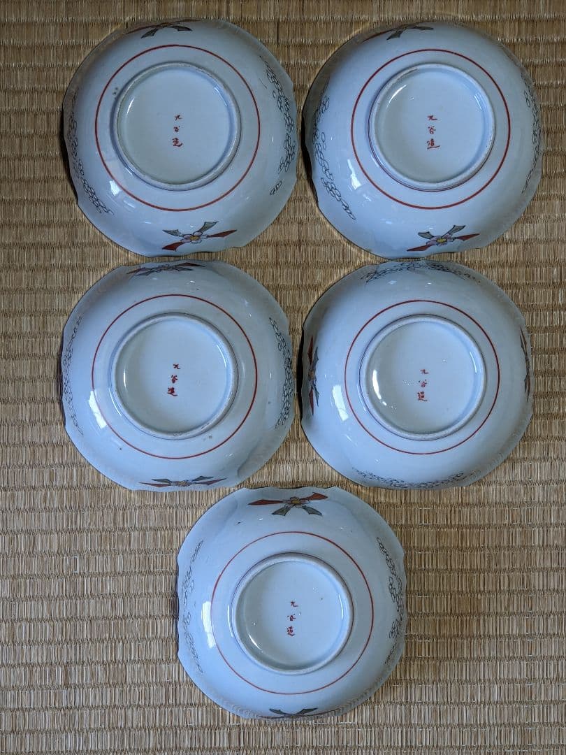 ♦九谷焼 明治時代 金彩色絵 団扇松鶴図 四方鉢 向付 茶道具 古美術 骨董品