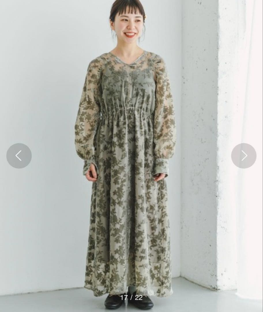 URBANRESEARCH ベロアジャガードVネックワンピース ライトカーキ