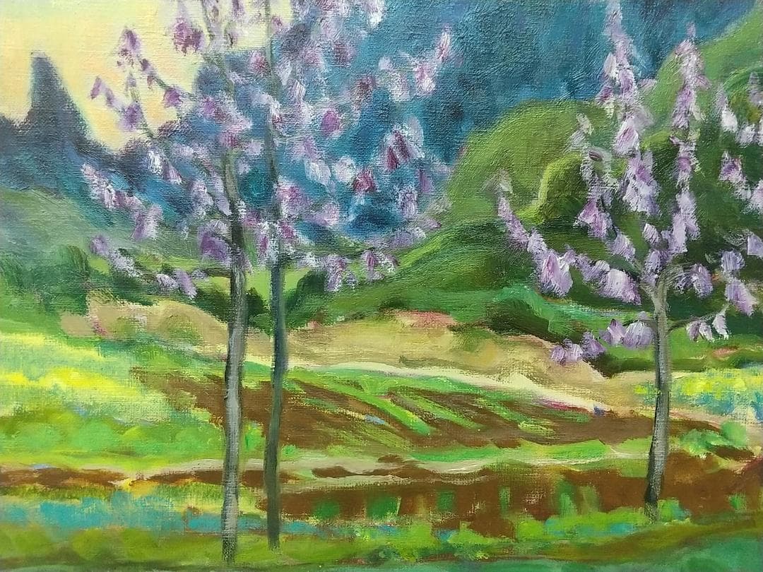 油絵「桐の花咲く妙義」B F8 絵画 油彩画 風景画 アート