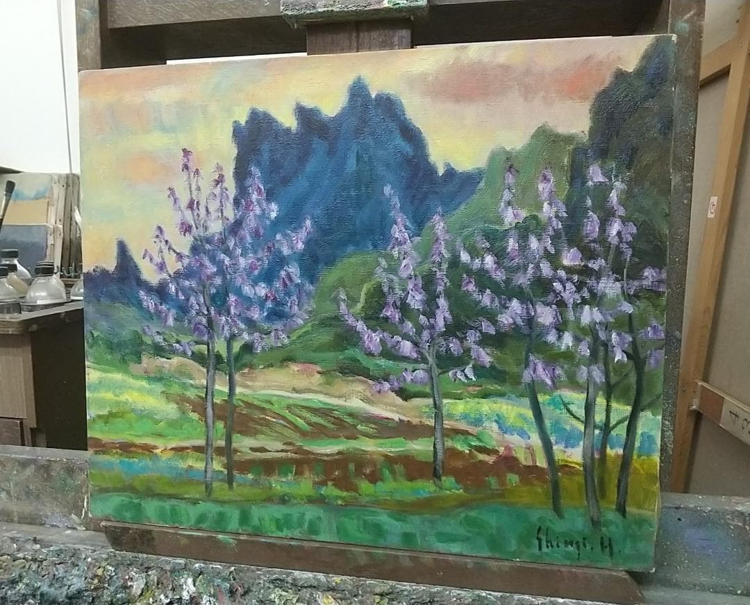 油絵「桐の花咲く妙義」B F8 絵画 油彩画 風景画 アート