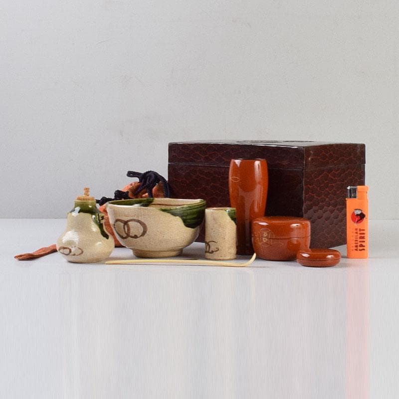 茶道具　鎌倉彫　利休茶箱　織部焼　茶碗　巾筒など　九点　一式　M　R9299