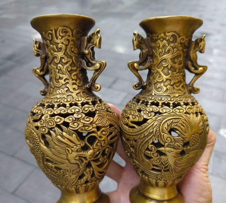 銅器 彫刻 重工 美品 龍鳳花瓶 装飾品 工芸品 美術品 置物