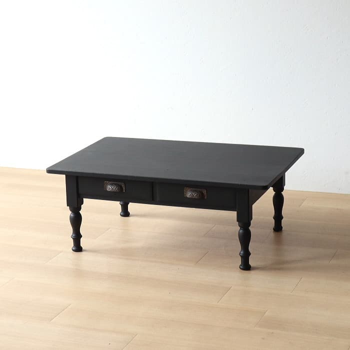 アンティーク ロクロ脚 引き出し付き ブラック 無垢材 文机 古家具 黒色