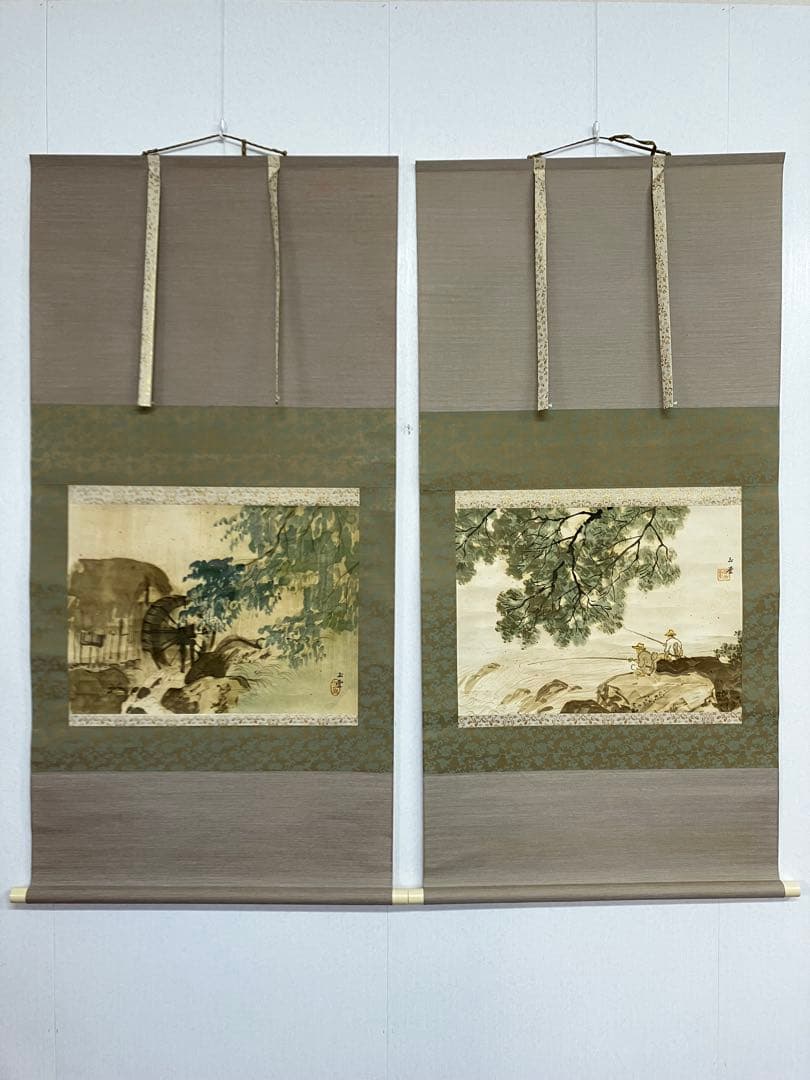 掛け軸 作:川合玉堂 題:清陰釣客水車新緑 双幅 掛軸 茶掛