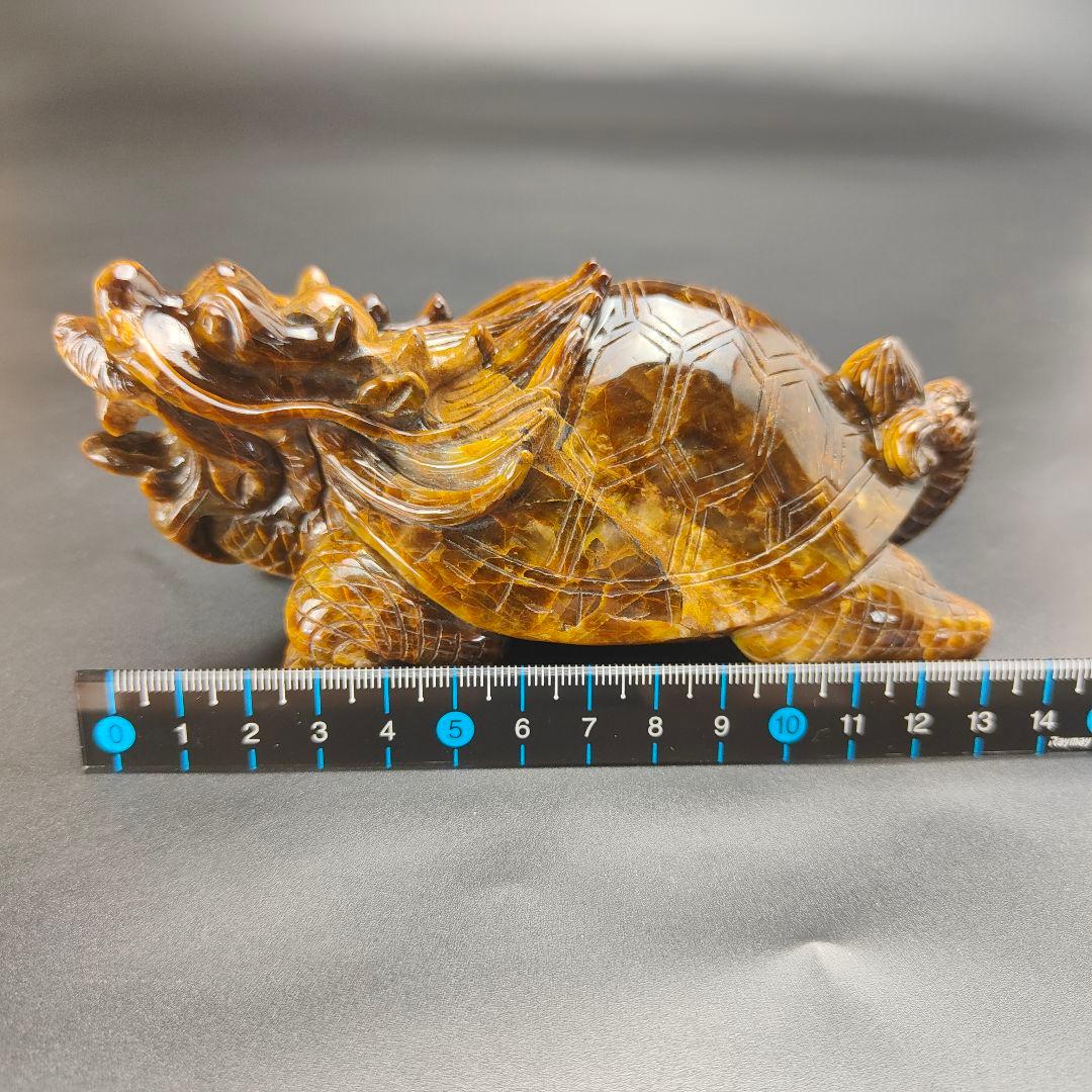 超美品　タイガーアイ　虎目石で作った龍亀(ロングイ)　天然石　風水　開運　龍　亀