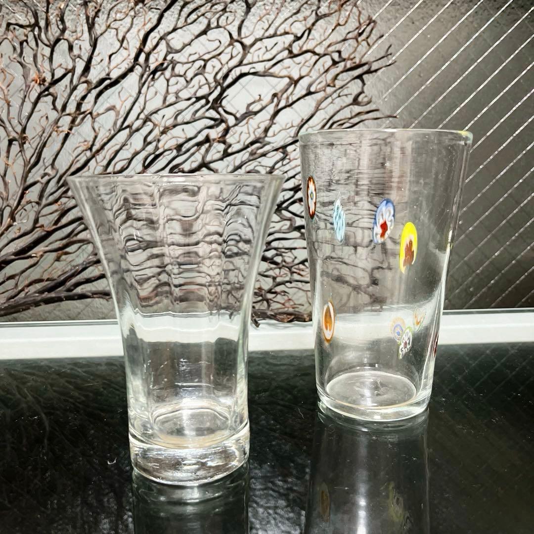 骨董　時代ガラス　薄張り　縞模様　ラッパ型　朝顔造り　ピルスナー　コップ　ウラン