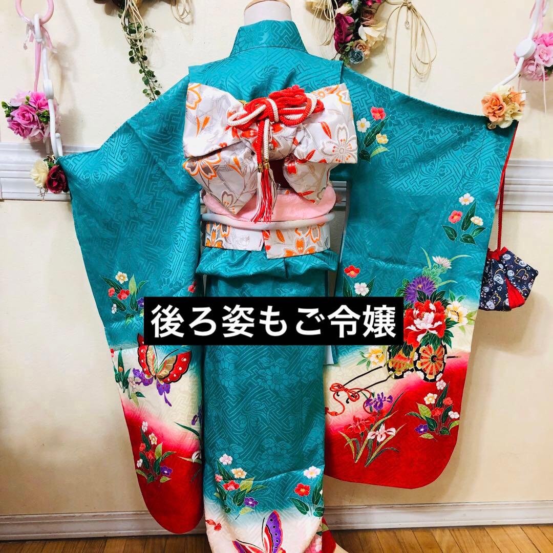 七五三七歳‼正絹️完全フルセット‼️人気Blue Greenに花車金彩煌びやか際立つ