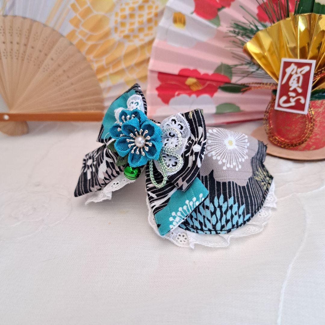 お正月仕様和風つまみ細工(青緑×黒)わんちゃん猫ちゃん用襟つき首輪