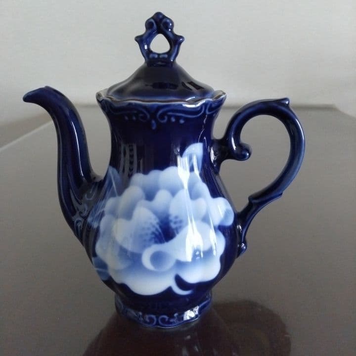 昭和レトロ⭐︎瑠璃色花模様のティーセット5点⭐︎新品未使用⭐︎手描きビンテージ