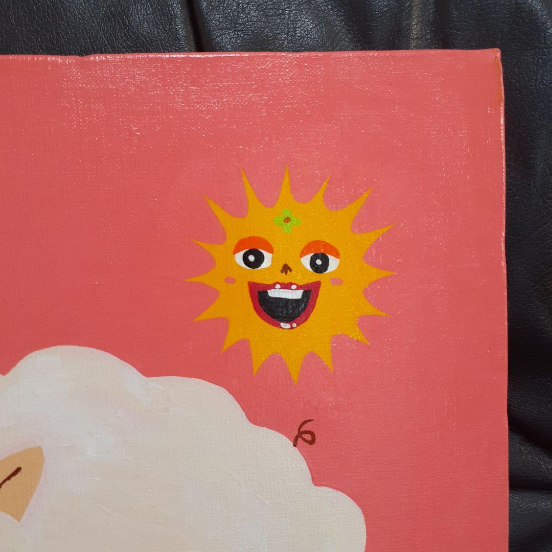 ハッピー羊ファミリー　画家　小楠アキコ作品　F8号サイズキャンバス　アクリル絵具