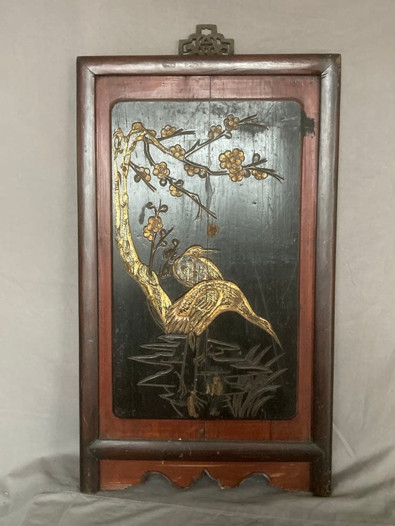 李朝 木彫 壁飾り 漆塗花鳥図金彩彫 民画 中国美術 朝鮮美術 時代物