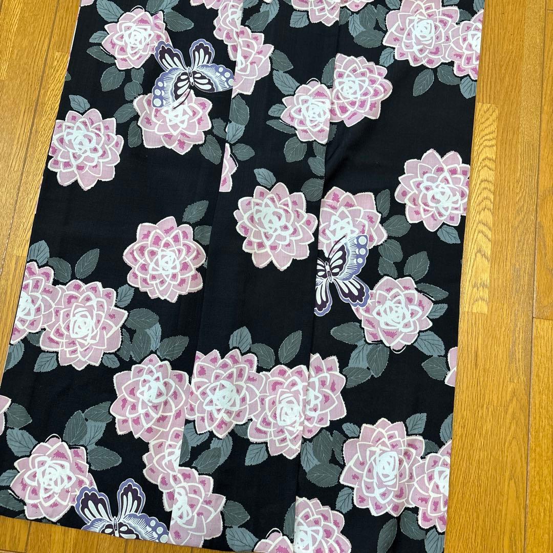 美品⭐︎浴衣　撫松庵　ぶしょうあん　黒地　花柄　蝶　ダリア　ピンク