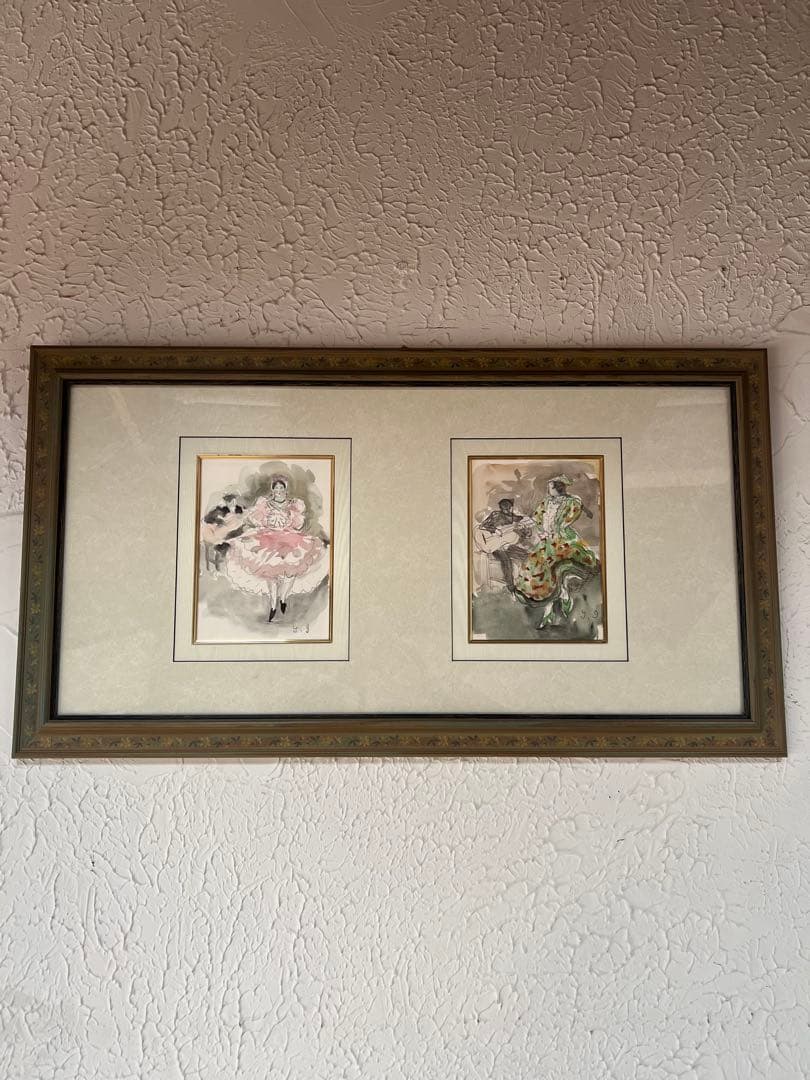 泉地靖雄「フラメンコ」水彩画 二点組額装朝日新聞西部厚生文化事業団 チャリティー