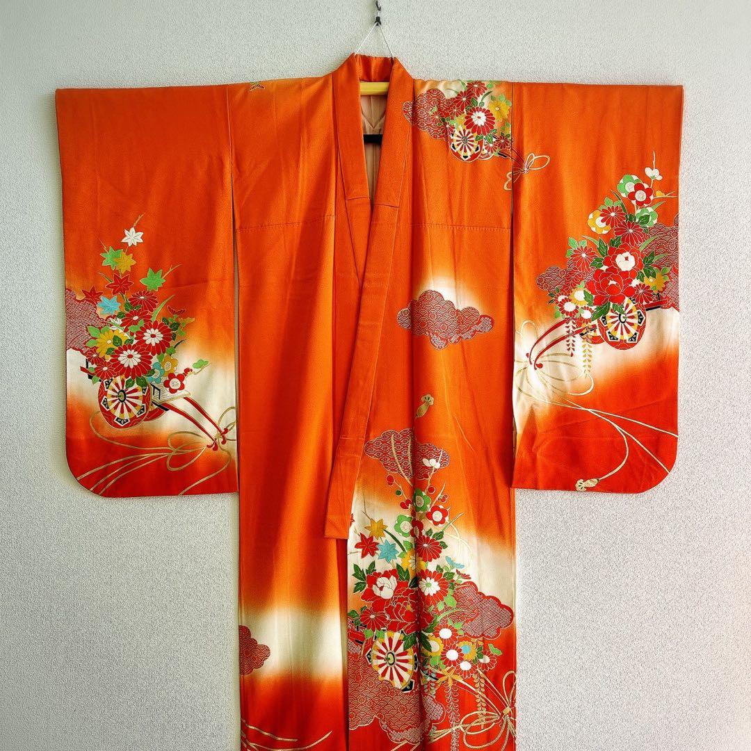 七五三　7歳　女の子　着物フルセット　小物セット　オレンジ　金糸　5231